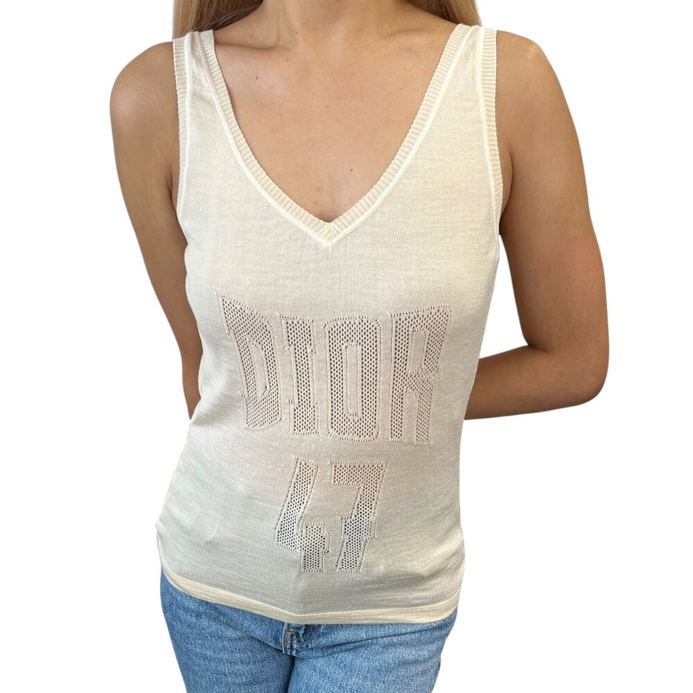 Christian Dior Vintage Logo V-neck Knit Tank Top Mesh Pullover Cream [105934]